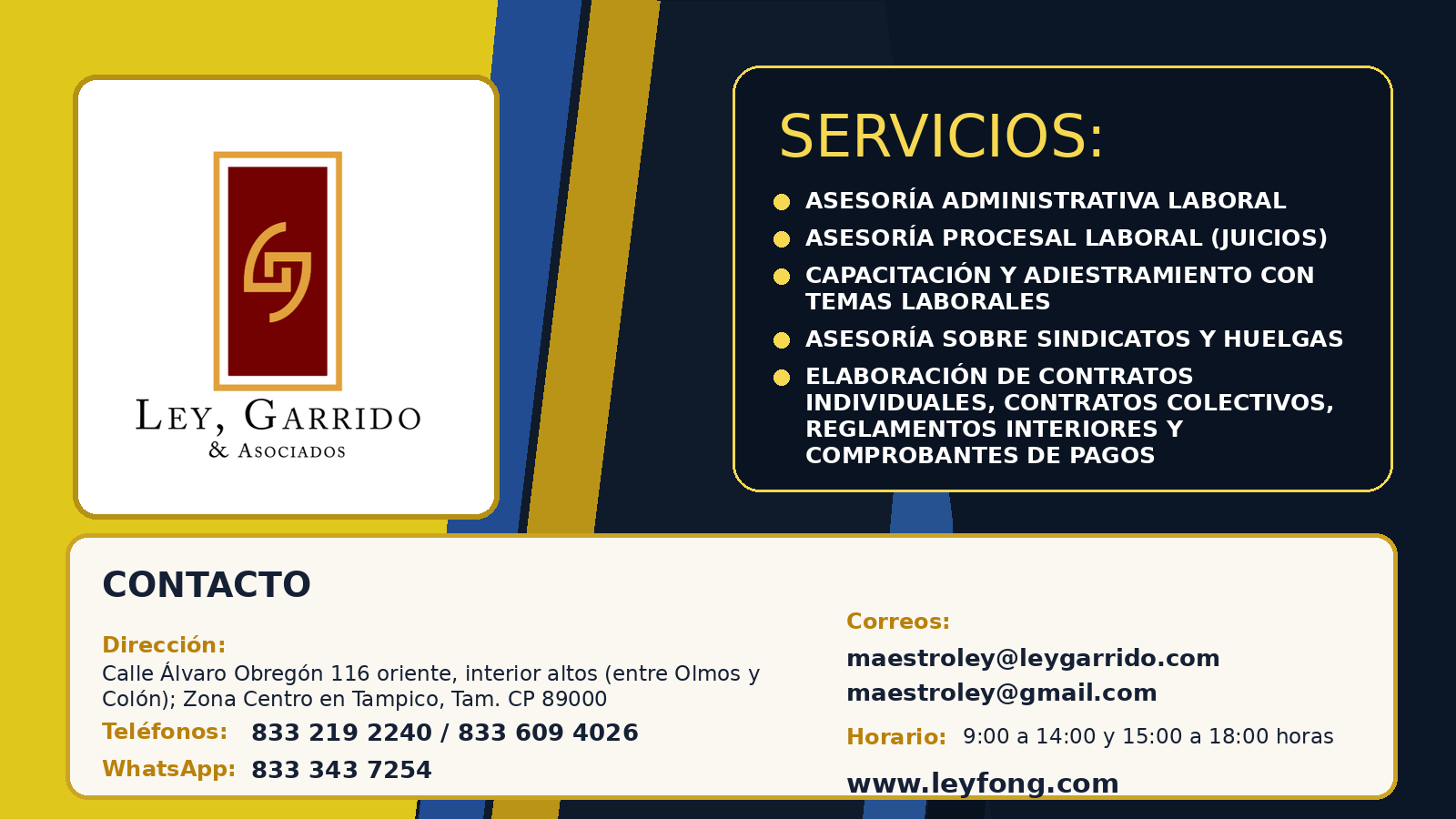 Imagen actualizada de Ley, Garrido & Asociados con servicios, dirección, teléfonos, WhatsApp, correos y horario